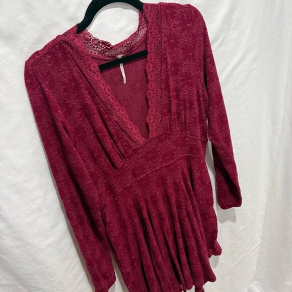 Free People Boho Lace Trim Deep V Fit & Flare Dress Velvet Burnout Pockets Fall - Picture 3 of 16